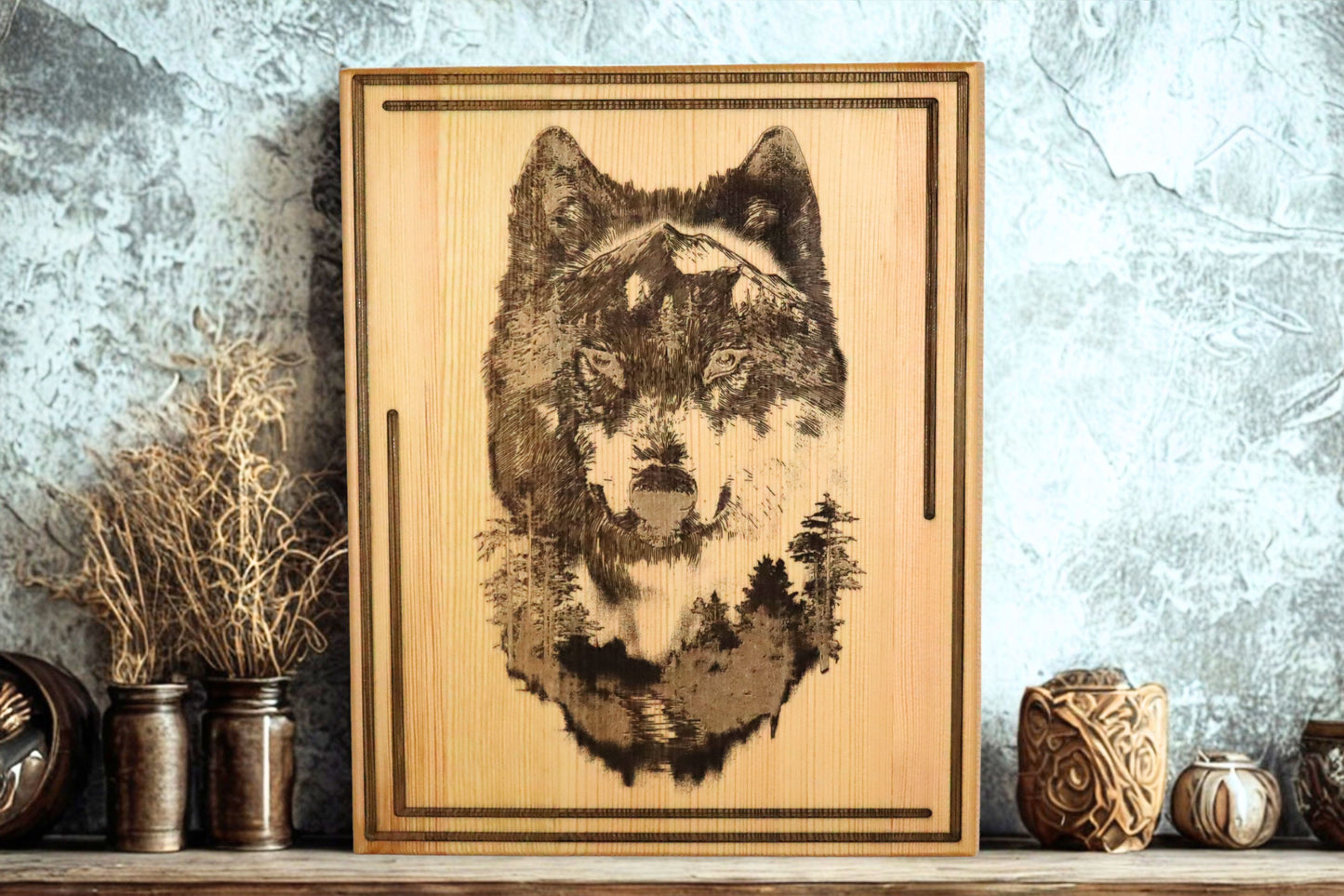 Holzbild Wolf – personalisierbar