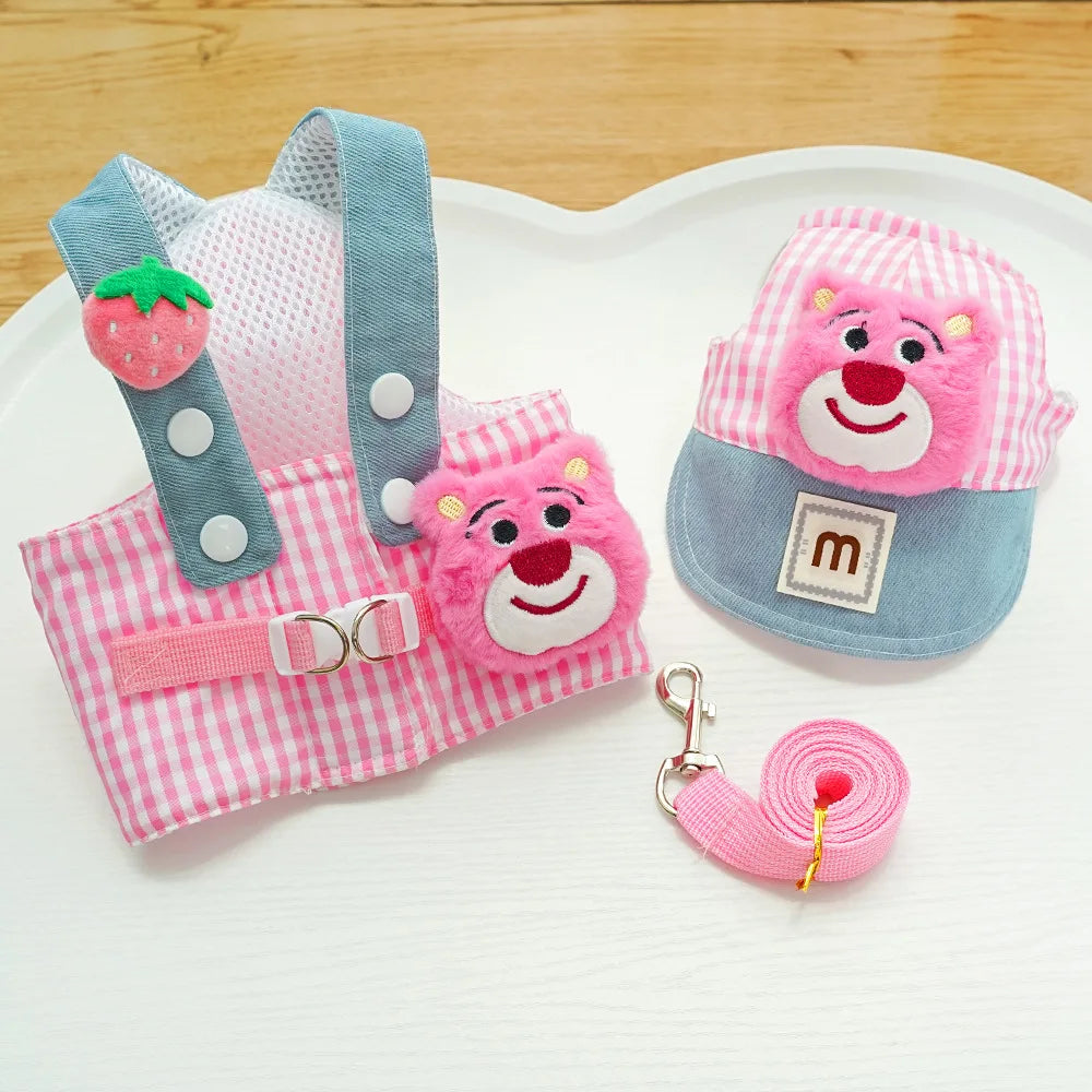 3PCS desene animate câine ham lesă și pălărie set unisex drăguț animale de companie accesorii în aer liber protecție solară capac pentru câini mici ham vestă ham pentru cățeluș