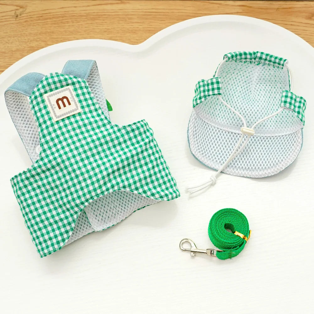 3PCS desene animate câine ham lesă și pălărie set unisex drăguț animale de companie accesorii în aer liber protecție solară capac pentru câini mici ham vestă ham pentru cățeluș