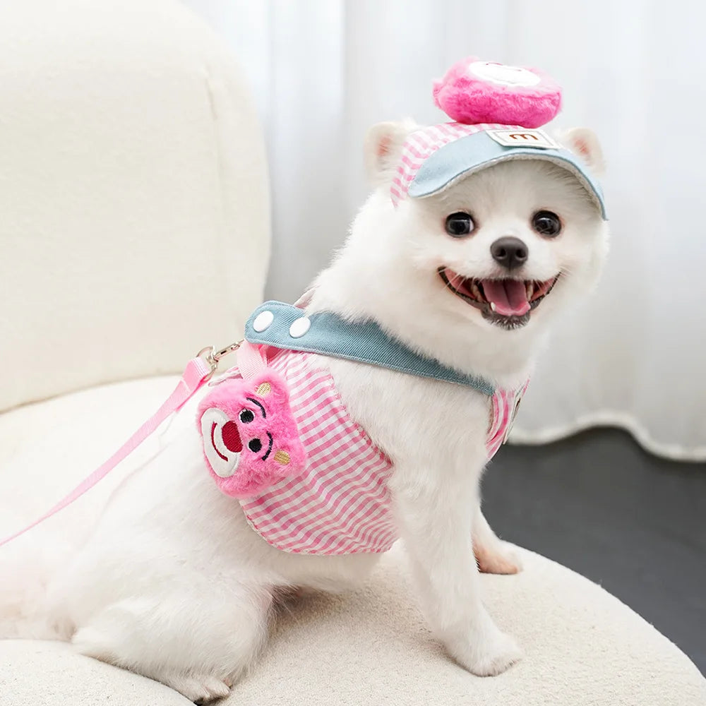 3PCS desene animate câine ham lesă și pălărie set unisex drăguț animale de companie accesorii în aer liber protecție solară capac pentru câini mici ham vestă ham pentru cățeluș