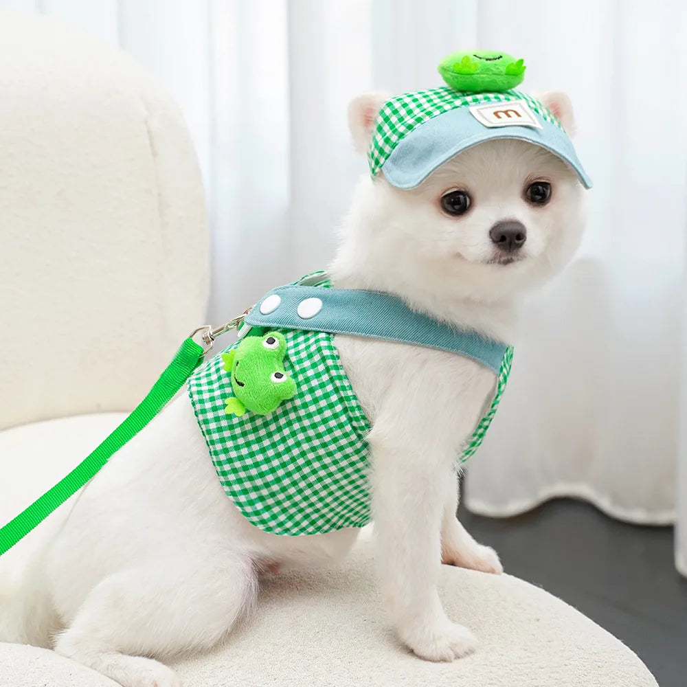 3PCS desene animate câine ham lesă și pălărie set unisex drăguț animale de companie accesorii în aer liber protecție solară capac pentru câini mici ham vestă ham pentru cățeluș