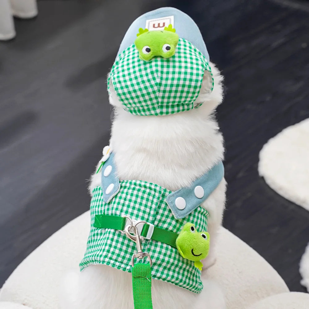 3PCS desene animate câine ham lesă și pălărie set unisex drăguț animale de companie accesorii în aer liber protecție solară capac pentru câini mici ham vestă ham pentru cățeluș