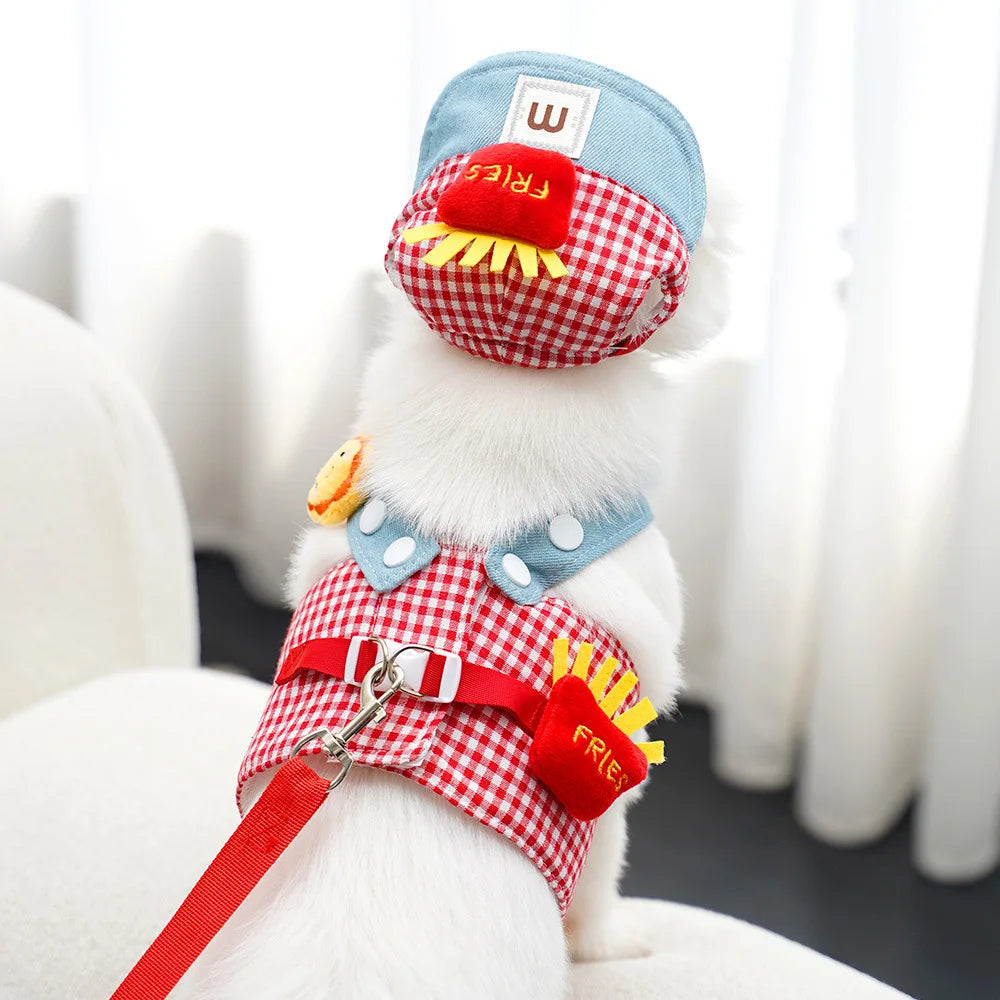 3PCS desene animate câine ham lesă și pălărie set unisex drăguț animale de companie accesorii în aer liber protecție solară capac pentru câini mici ham vestă ham pentru cățeluș