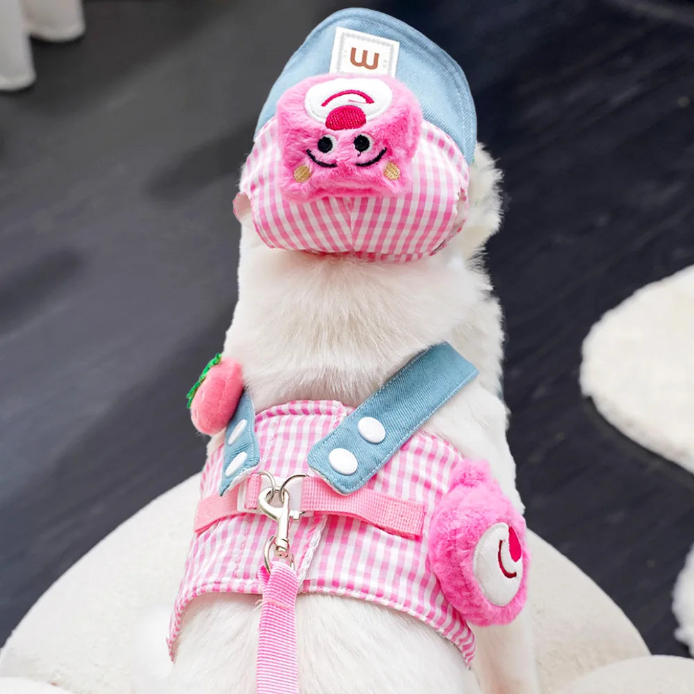 3PCS desene animate câine ham lesă și pălărie set unisex drăguț animale de companie accesorii în aer liber protecție solară capac pentru câini mici ham vestă ham pentru cățeluș
