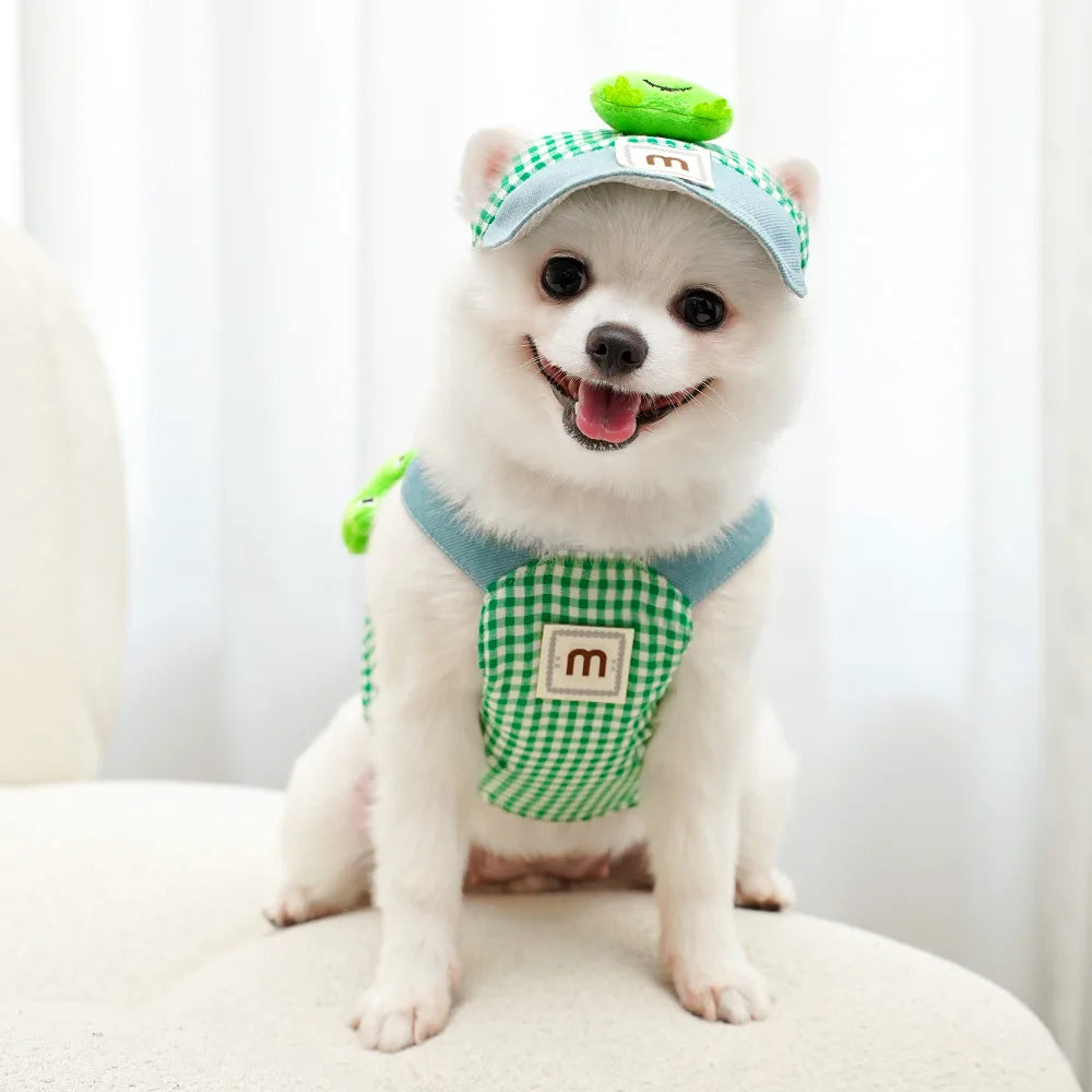 3PCS desene animate câine ham lesă și pălărie set unisex drăguț animale de companie accesorii în aer liber protecție solară capac pentru câini mici ham vestă ham pentru cățeluș