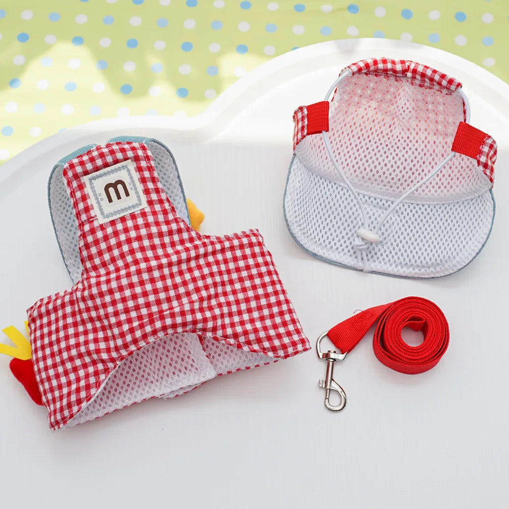 3PCS desene animate câine ham lesă și pălărie set unisex drăguț animale de companie accesorii în aer liber protecție solară capac pentru câini mici ham vestă ham pentru cățeluș