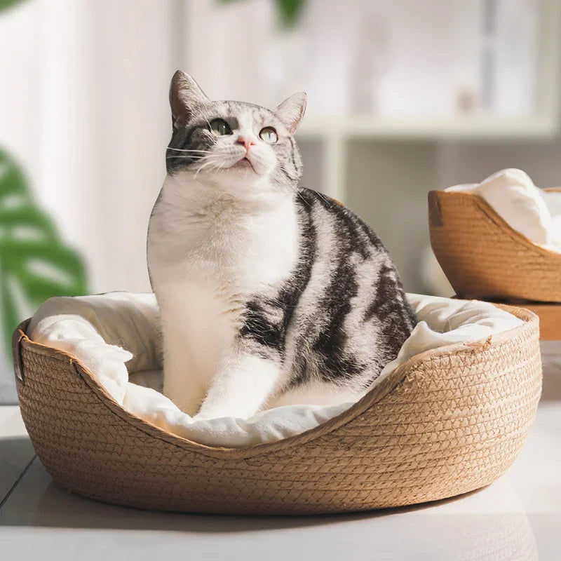 Pat pentru pisici din bambus țesut, canapea, casă - Cuib cald ecologic pentru animale de companie pentru pisici de interior, mobilier pentru pisici mici și medii, articole de dormit pentru animale de companie