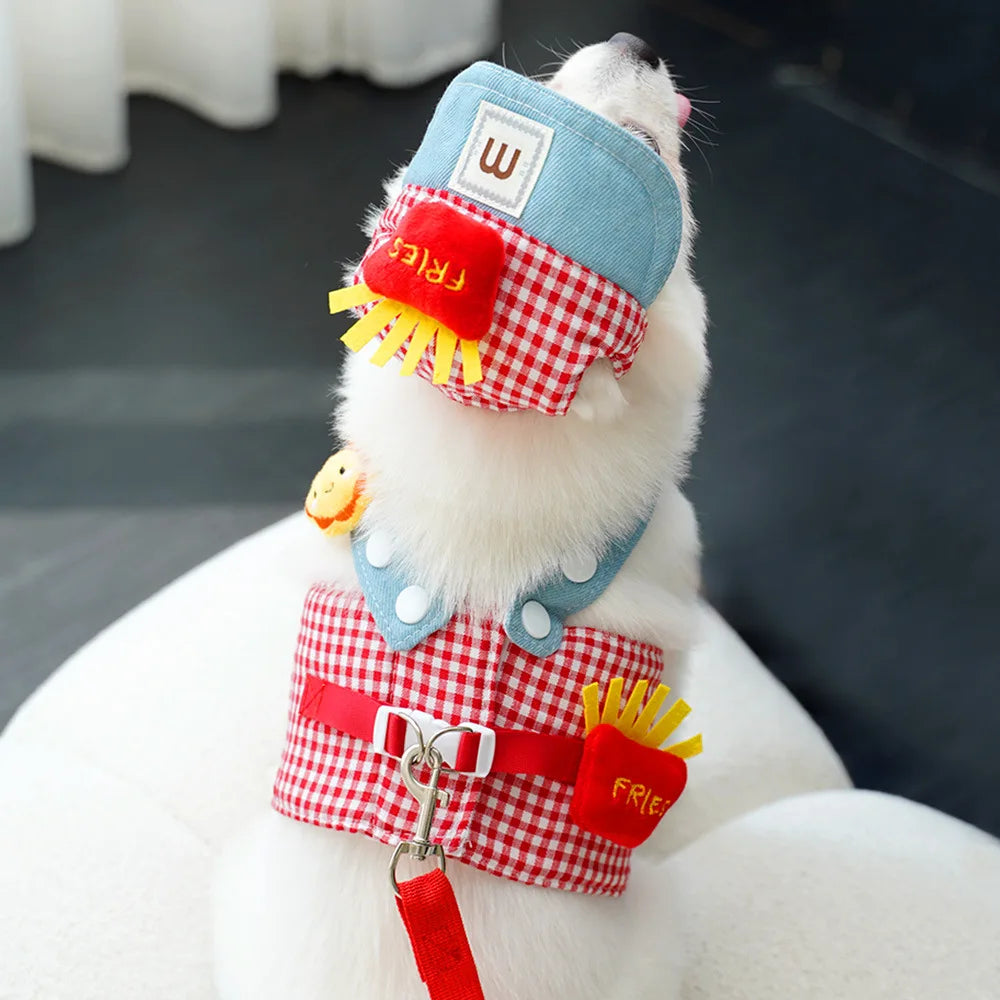 3PCS desene animate câine ham lesă și pălărie set unisex drăguț animale de companie accesorii în aer liber protecție solară capac pentru câini mici ham vestă ham pentru cățeluș