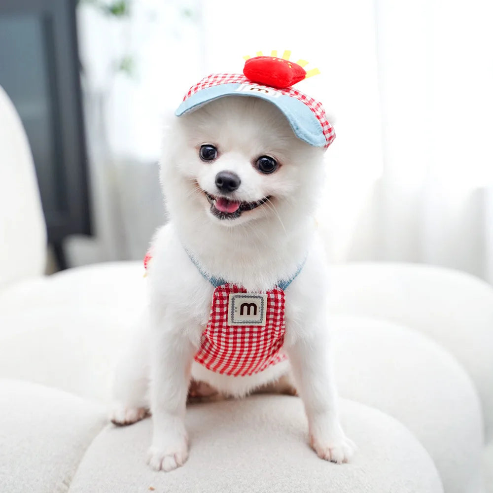 3PCS desene animate câine ham lesă și pălărie set unisex drăguț animale de companie accesorii în aer liber protecție solară capac pentru câini mici ham vestă ham pentru cățeluș