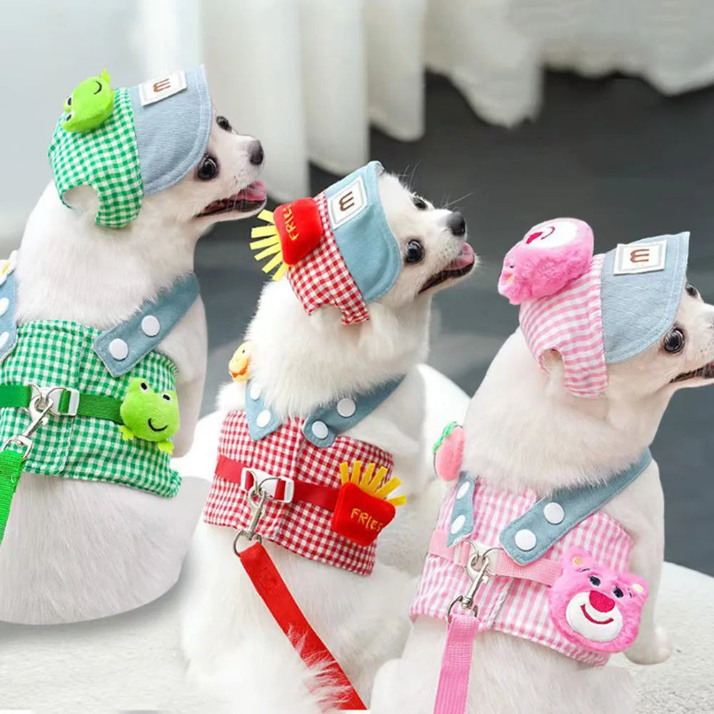 3PCS desene animate câine ham lesă și pălărie set unisex drăguț animale de companie accesorii în aer liber protecție solară capac pentru câini mici ham vestă ham pentru cățeluș