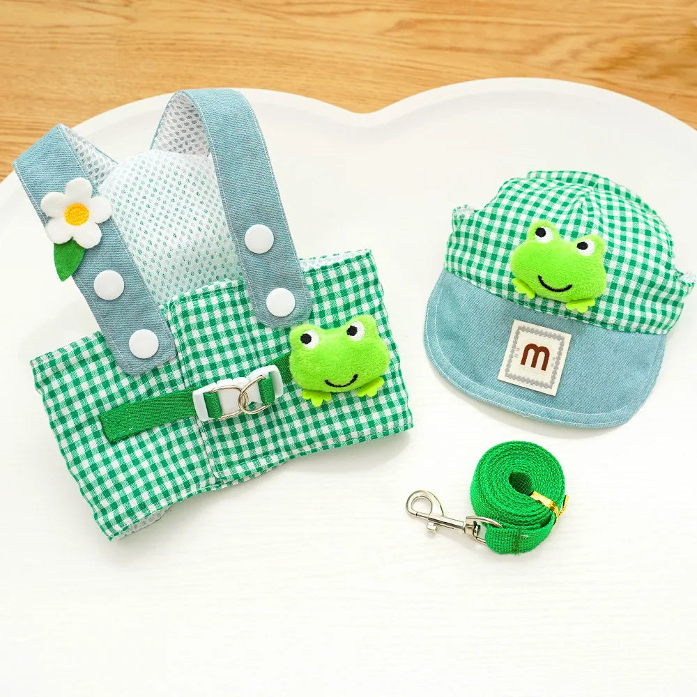 3PCS desene animate câine ham lesă și pălărie set unisex drăguț animale de companie accesorii în aer liber protecție solară capac pentru câini mici ham vestă ham pentru cățeluș