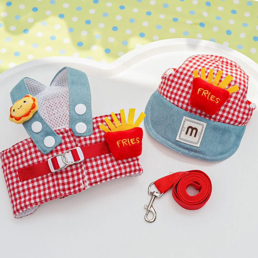 3PCS desene animate câine ham lesă și pălărie set unisex drăguț animale de companie accesorii în aer liber protecție solară capac pentru câini mici ham vestă ham pentru cățeluș